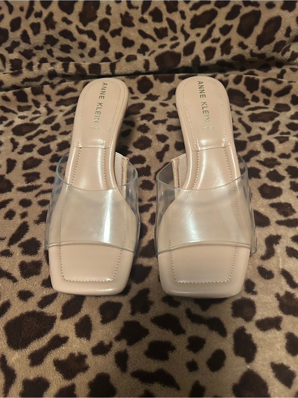 Anne Klein Beige Slide Mules with Clear Strap